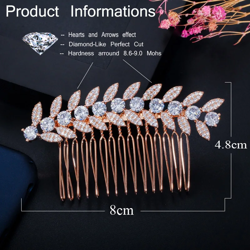 CWWZircons Luxury White Gold Color Shiny Cubic Zirconia Stone Leaf Bridal Wedding Hair Combs Pins Jewelry Accessories A011