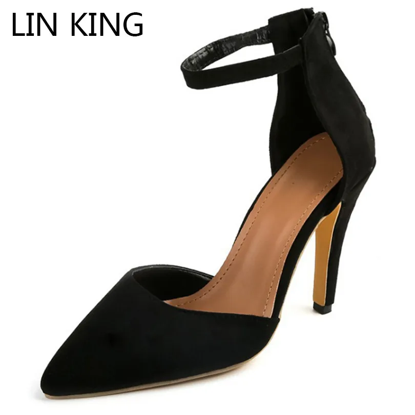 

LIN KING Big Size Sexy Zipper Thin Heel Women Pumps Solid Pointed Toe Summer High Heel Sandalias Solid Ladies Ankle Dress Shoes