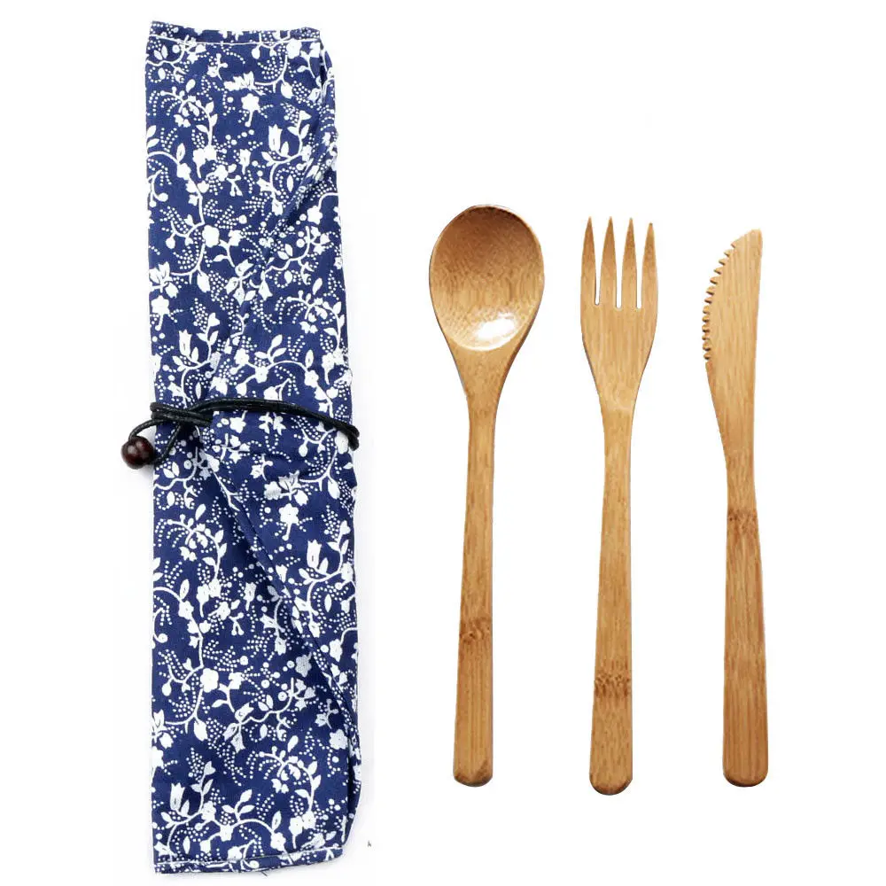 

3pcs Wood Portable Tableware Wooden Cutlery Sets Travel Dinnerware Suit Environmental with Cloth Pack Gift