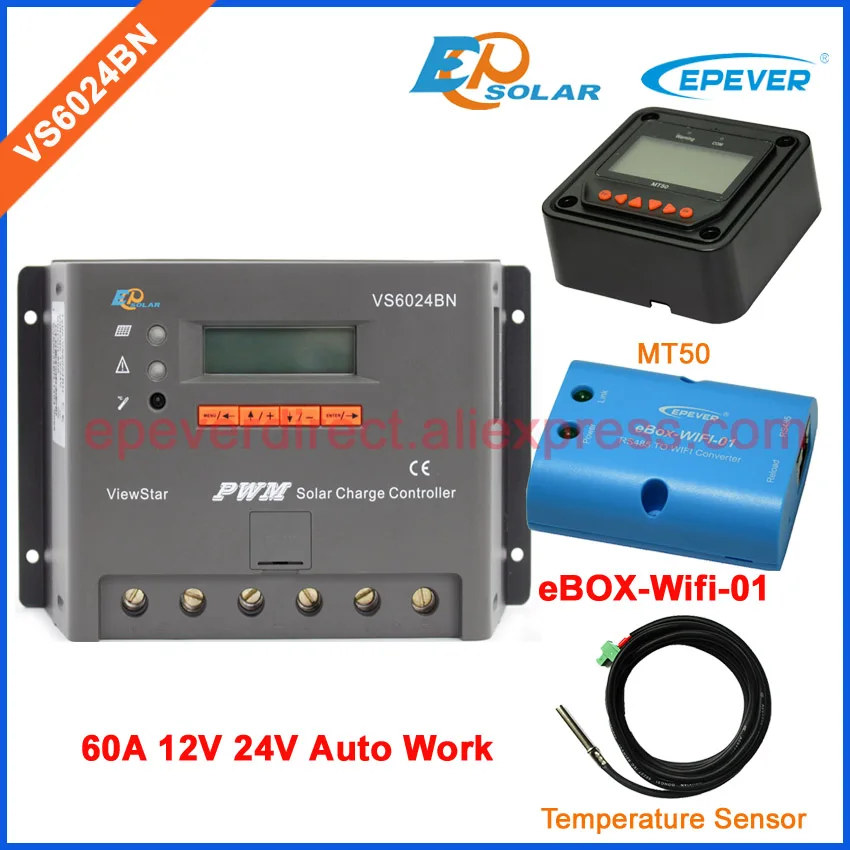

PWM controller EPEVER Solar battery charger regulator VS6024BN wifi BOX Temp sensor and MT50 remote meter 60A 12V 24V Work