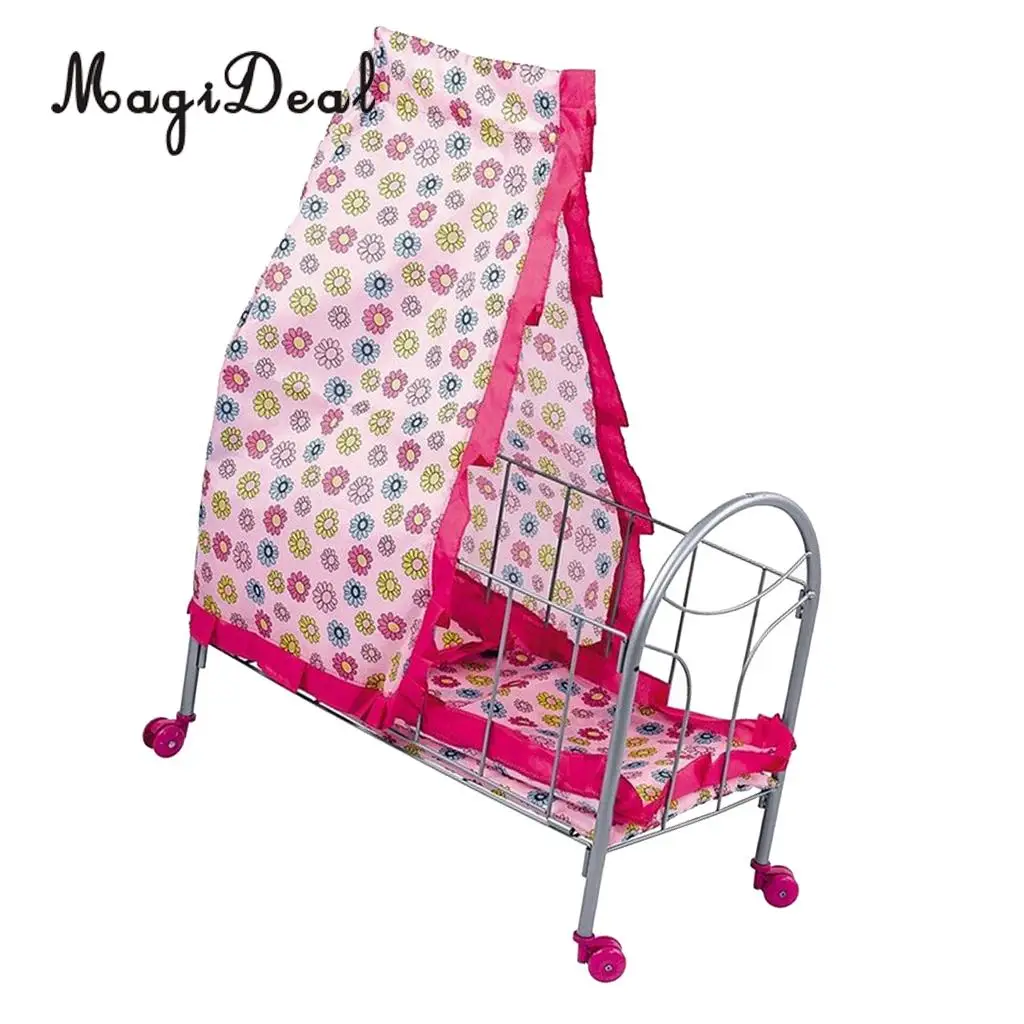 Simulation Baby Toddler Crib Bed with Tents Wheels ABS Plastic Furniture for 9-20inch Reborn Doll Supplies