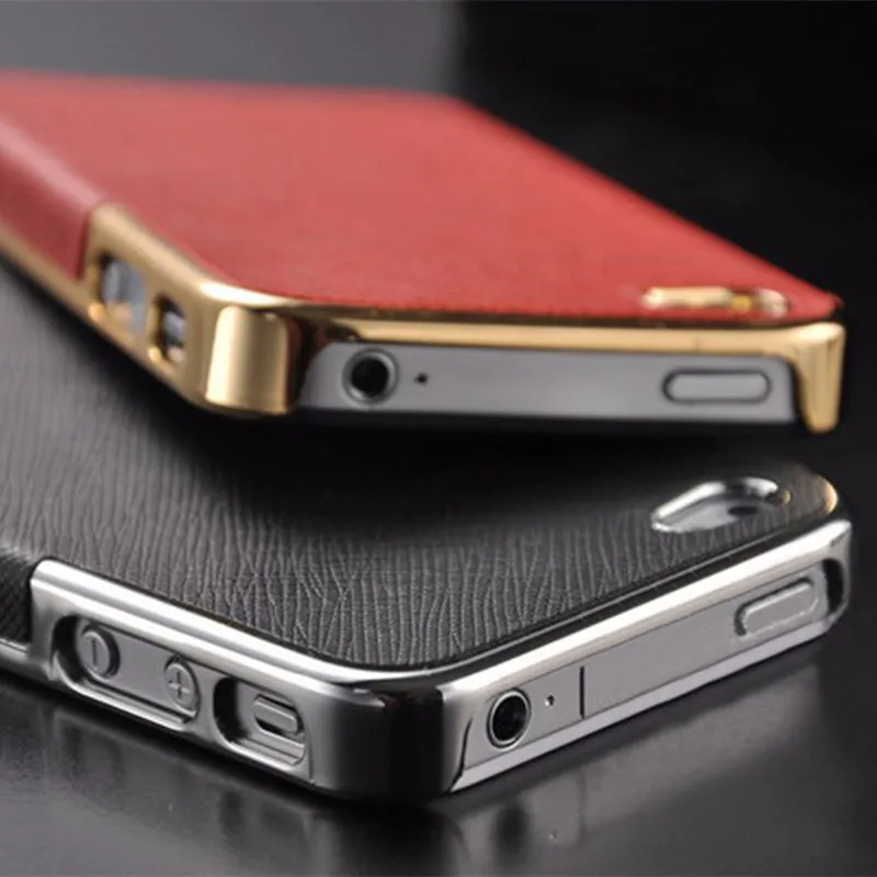 New Luxury Leather with Gold and Silver Frame Chrome Hard Back Case Cover For iPhone 4 4S / 5 5S SE / 6 6S / 6 6S Plus