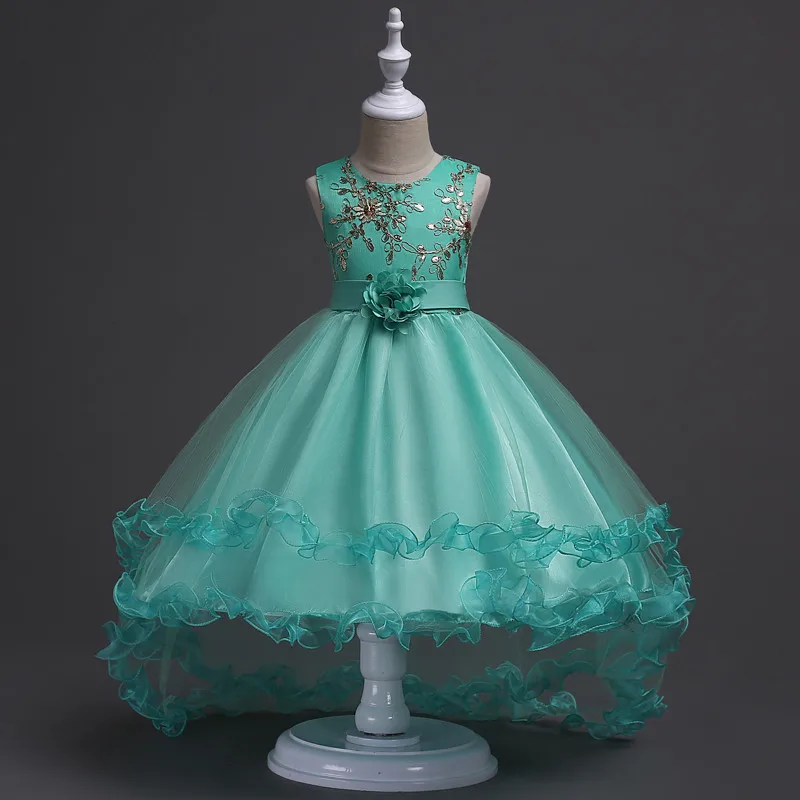 Мятно-зеленое короткое спереди длинное сзади платье с цветочным рисунком для девочек младшего возраста, свадебные платья Детские пышные платья со шлейфом, королевское синее платье для девочек