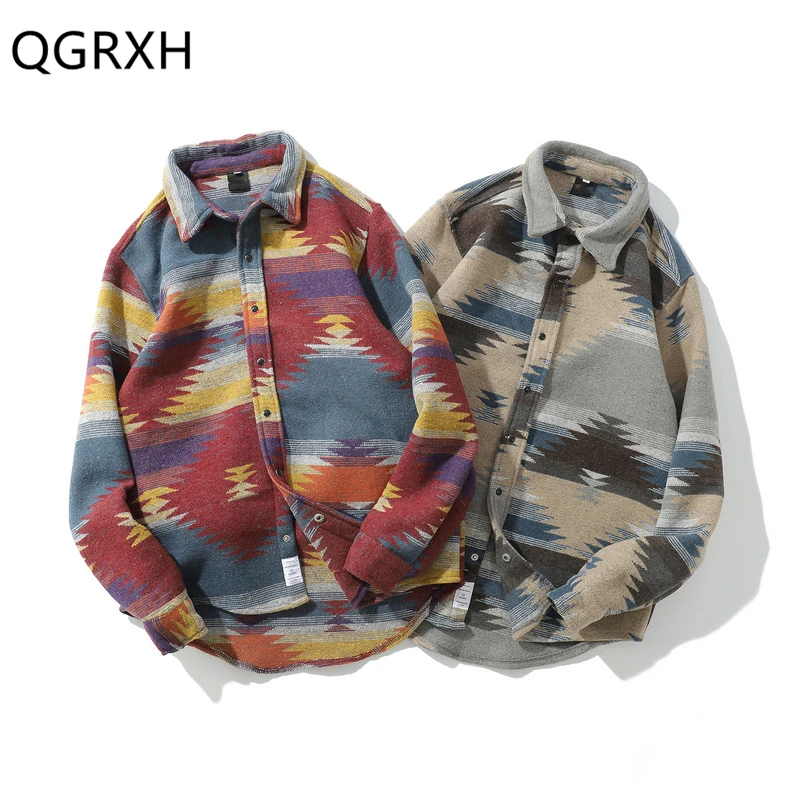 

Vintage Folk Custom Shirts Geometric Long Sleeve flannel Shirt Men for Women Casual Harajuku Patchwork Mens Rapper Button Shirts