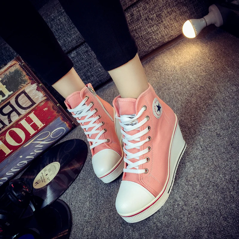 Г., модная женская обувь кроссовки на танкетке обувь на платформе с высоким берцем Женская Повседневная парусиновая обувь на высоком каблуке, увеличивающая рост размера плюс - Цвет: pink wedge sneakers