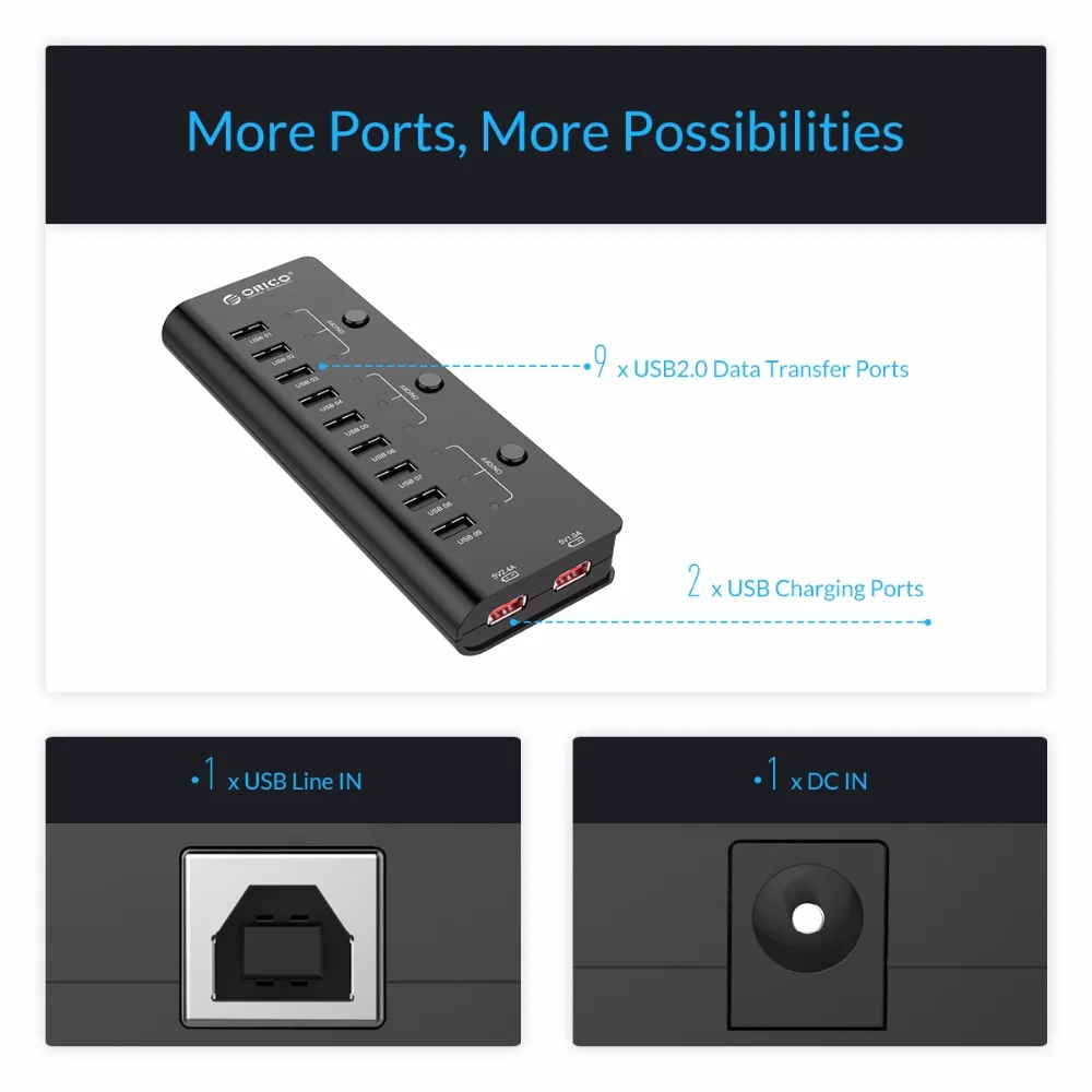 ORICO HF9US 2P BK 9 портов USB2.0 концентратор с 2 портами для зарядки 3 выключателей питания