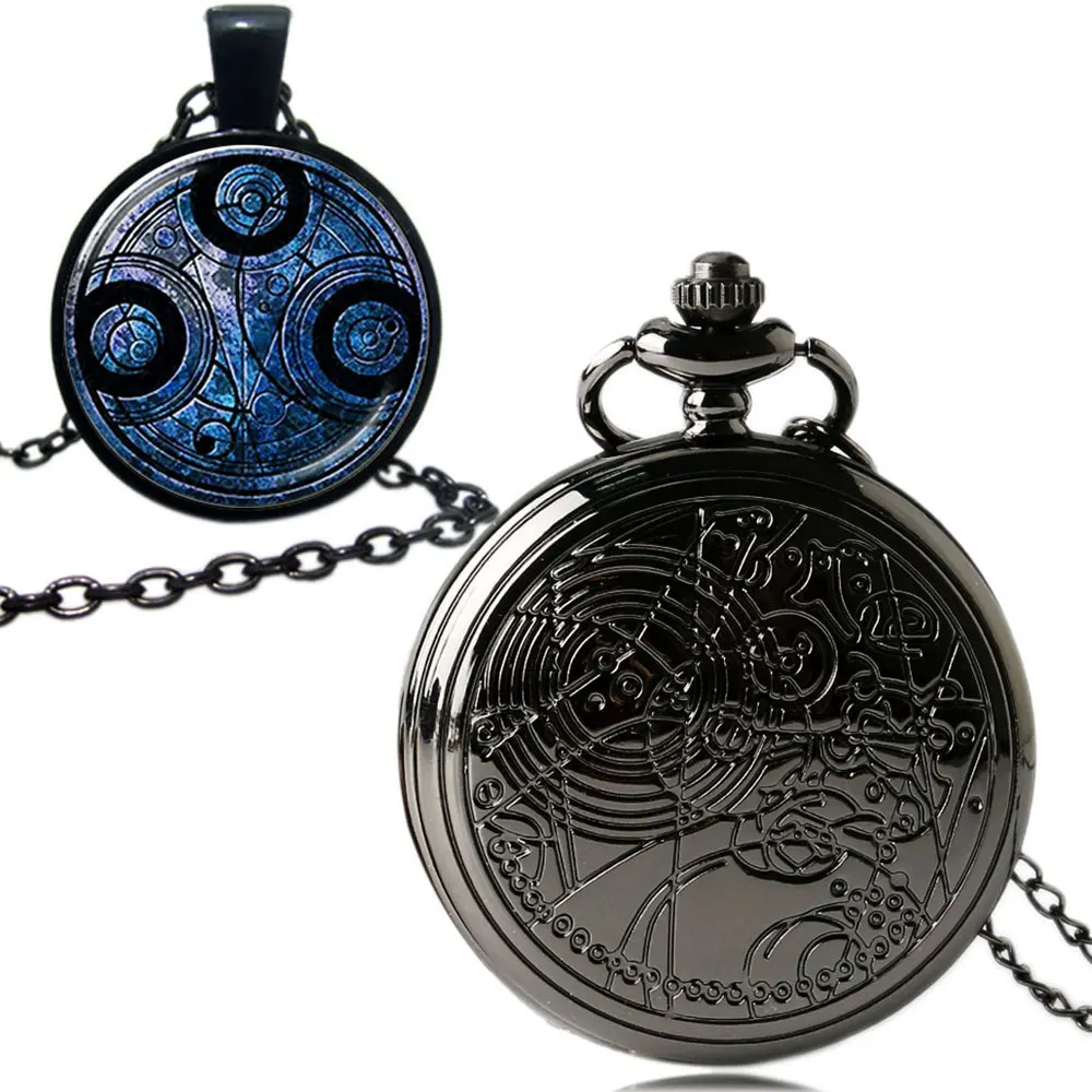 Fashion Black Necklace Antique Style Doctor Who Quartz Pocket Watch Fob