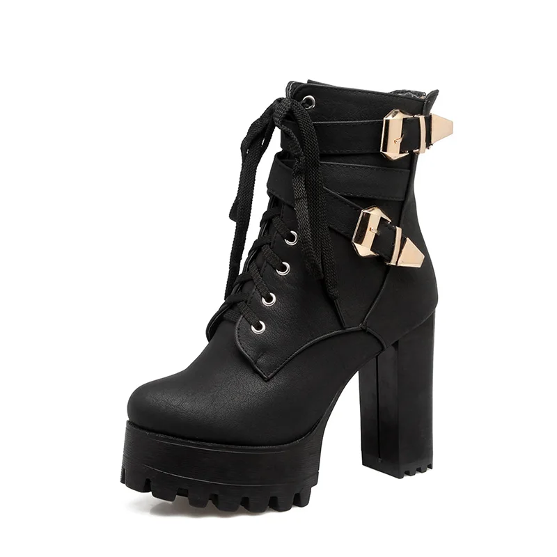 WETKISS/ г. Мотоботы очень большого размера плюс 33-48 зимние ботинки на платформе с пряжкой и ремешком на Высоком толстом каблуке Женская обувь - Цвет: Черный