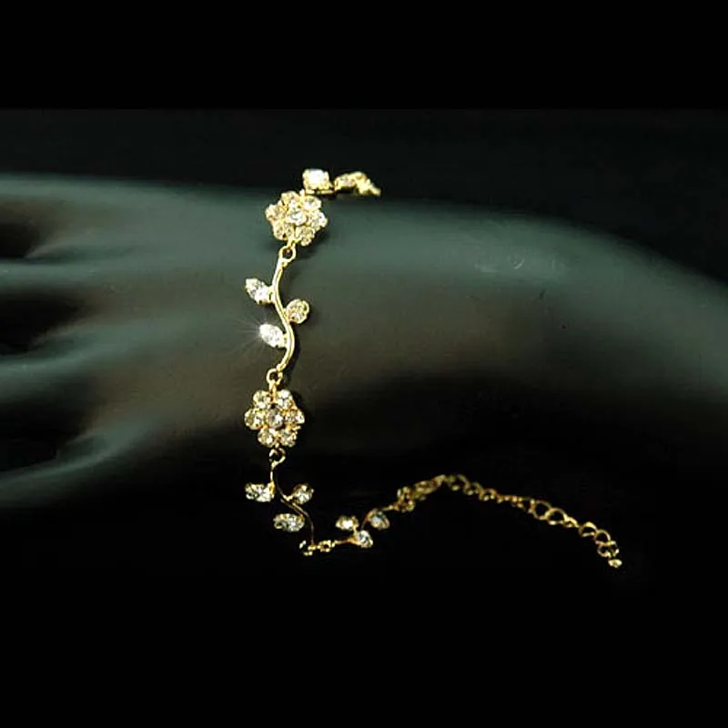 

Bridesmaid Bridal Wedding Fashion Flowers Clear Rhinestone Gold Color Metal Bracelet CB010