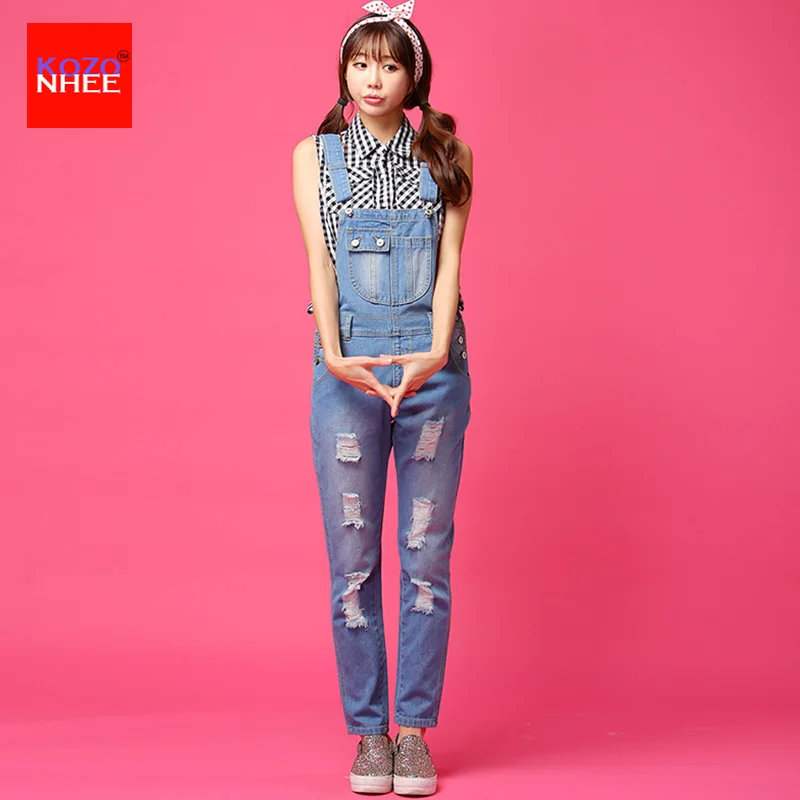 

Fashion Loose Hole Destroy Wash Denim Overalls Jeans Women Hole Ripped High Waist Denim Overalls For Women Distressed Jumpsuit