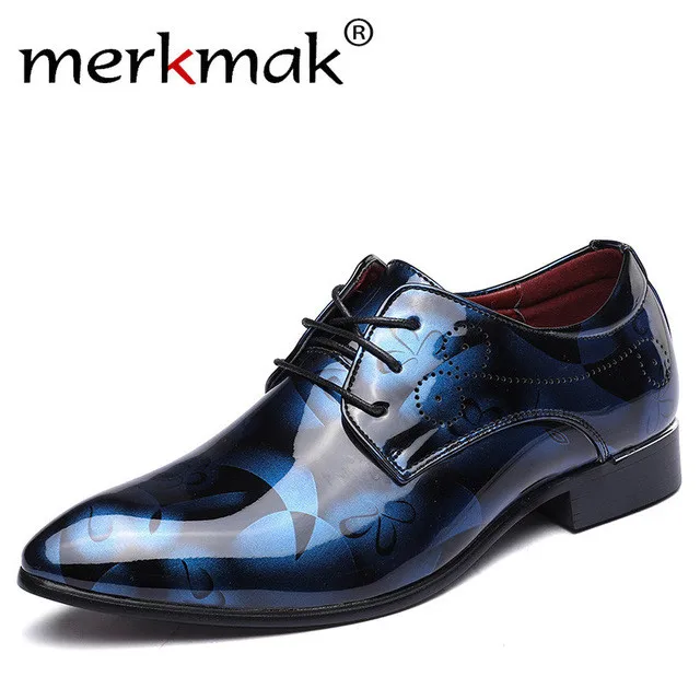 Merkmak/кожаные Мужские модельные туфли с цветочным узором; мужские деловые свадебные туфли на шнуровке; мужские оксфорды на плоской подошве; большие размеры 35-48 - Цвет: Blue Dress Shoes