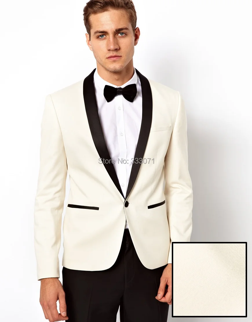 2016 Ivory Jacket With Black Satin Lapel Groom Tuxedos Groomsmen Best Man Suit Mens Wedding
