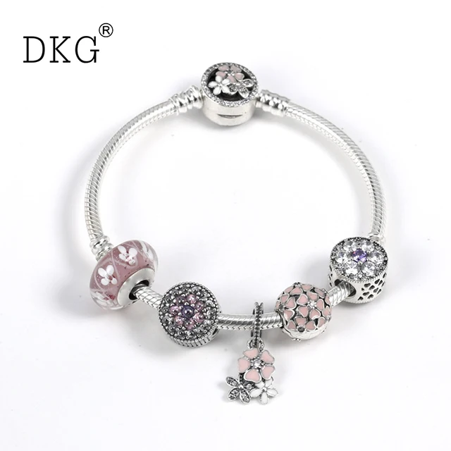 

925 Sterling Silver Pan Original Magnolia Poetic Blooms Set Clear CZ Fit Women Bangle Bead Charm DIY Jewelry