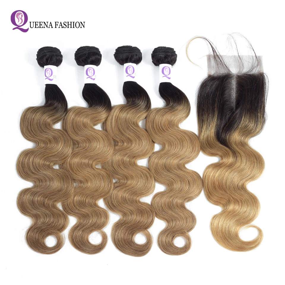 

Peruvian Body Wave Ombre Hair Bundles With Closure Free/Middle/Three Part 1B/27 2 Tone Ombre Human Hair 4 Bundles With Closure