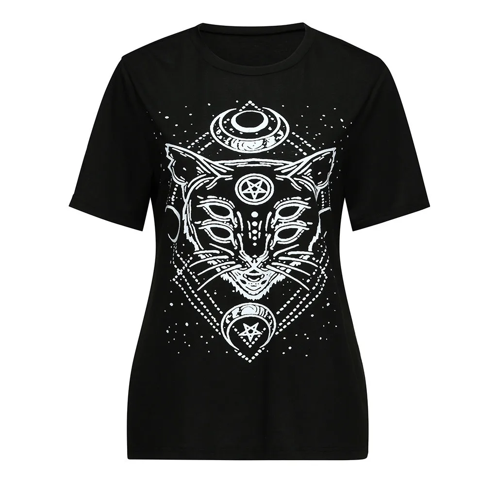 Футболка с принтом в виде звезд, панков, кошек, модная женская футболка с коротким рукавом, с изображением кота, черная свободная футболка в стиле панк, готика, Повседневная футболка для женщин#570
