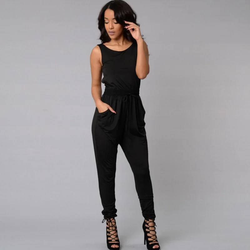 

Black Pink Khaki Women Long Femme Jumpsuits Romper Elegant Sleeveless Backless Sexy Party Pocket Slim Solid Tunic Overalls