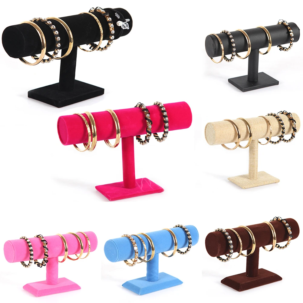 

Portable Velvet Bracelet Necklace Jewelry Organizer Display Stand Holder Organizer Solid Pink PU Leather T-Bar Rack Porte Bijoux