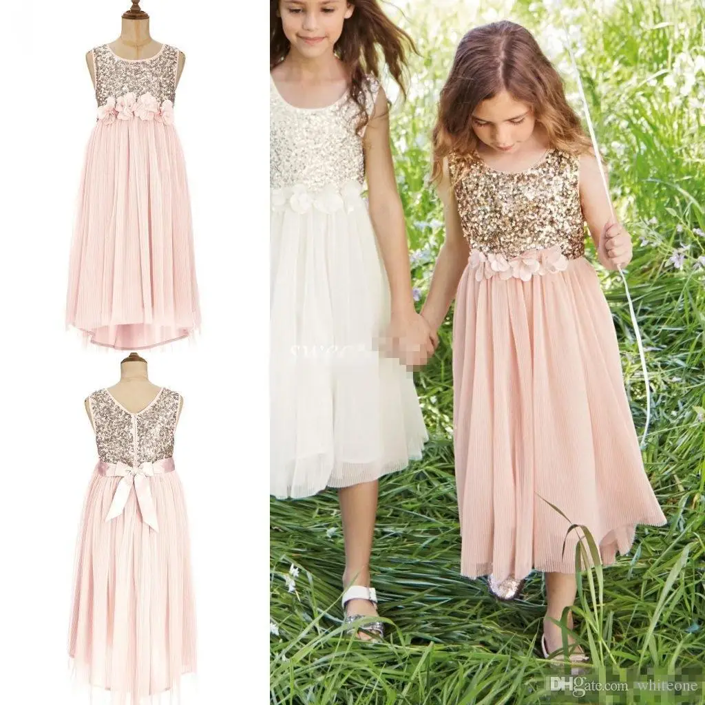 Pink Flower Girl Dresses For Garden Wedding 2016 Jewel Neck Hand Made
