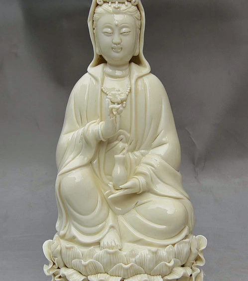 

8" China Folk White Porcelain Wealth Kwan-Yin GuanYin Hold Vase On Lotus Statue