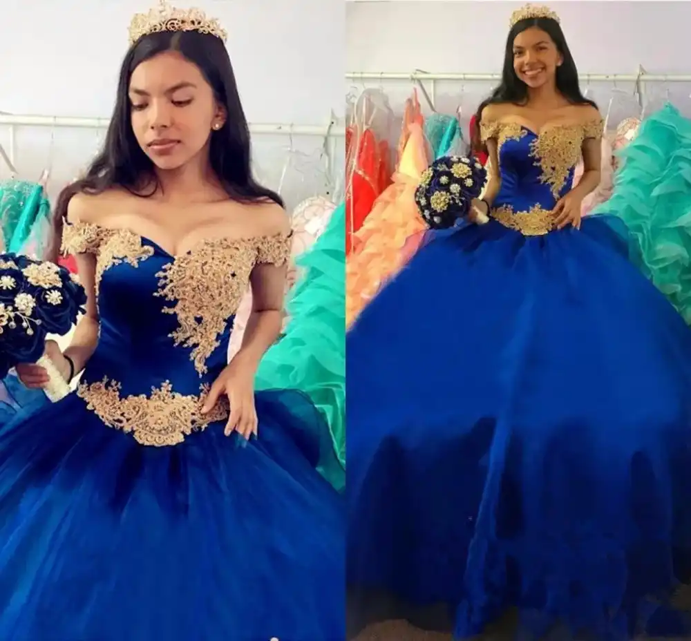 Cinderella Royal Blue Pageant Quinceanera Dresses Gold Appliques