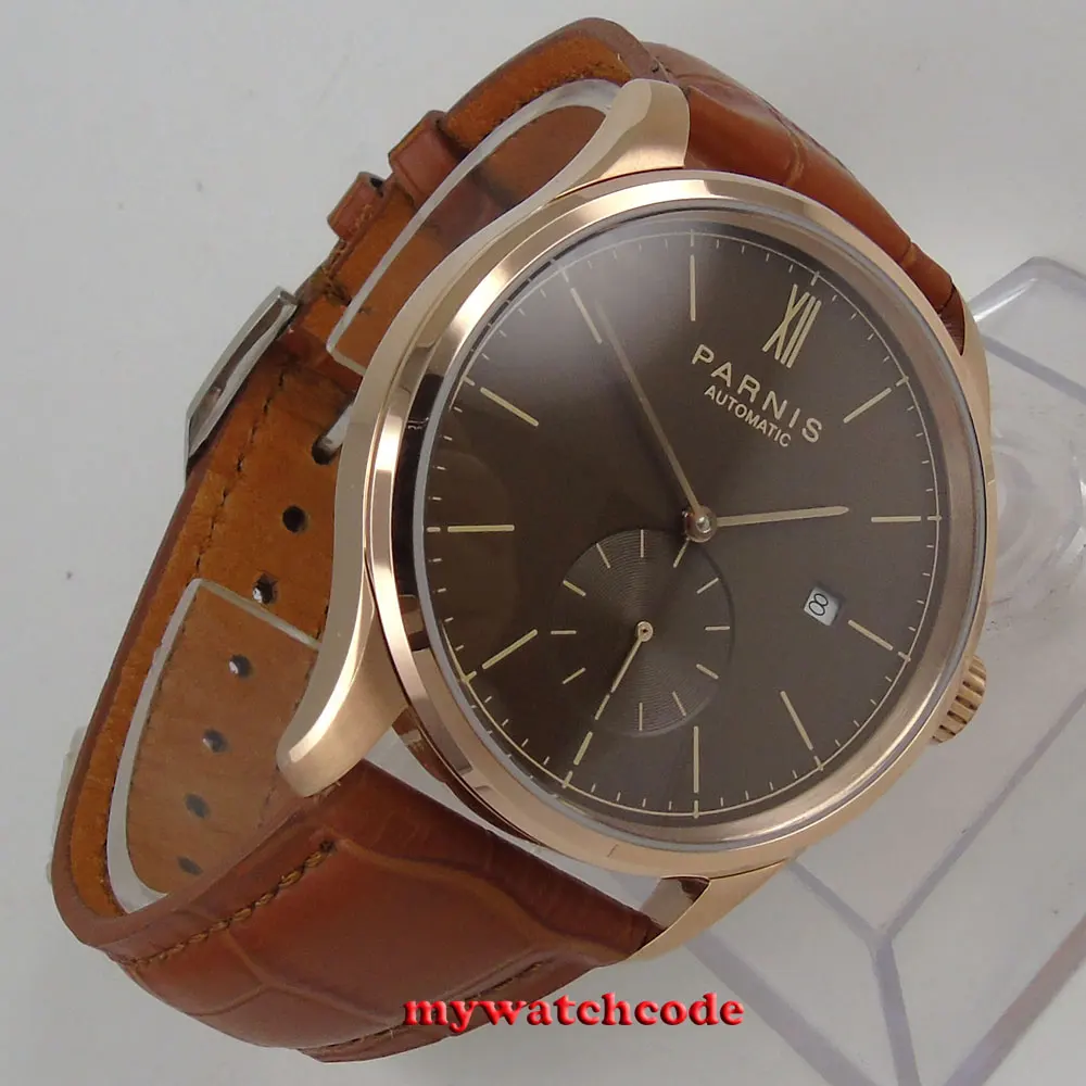 polished 42mm parnis coffee dial rose case date window automatic MENS watch P987 polished 42mm parnis coffee dial rose case date window automatic MENS watch P987
