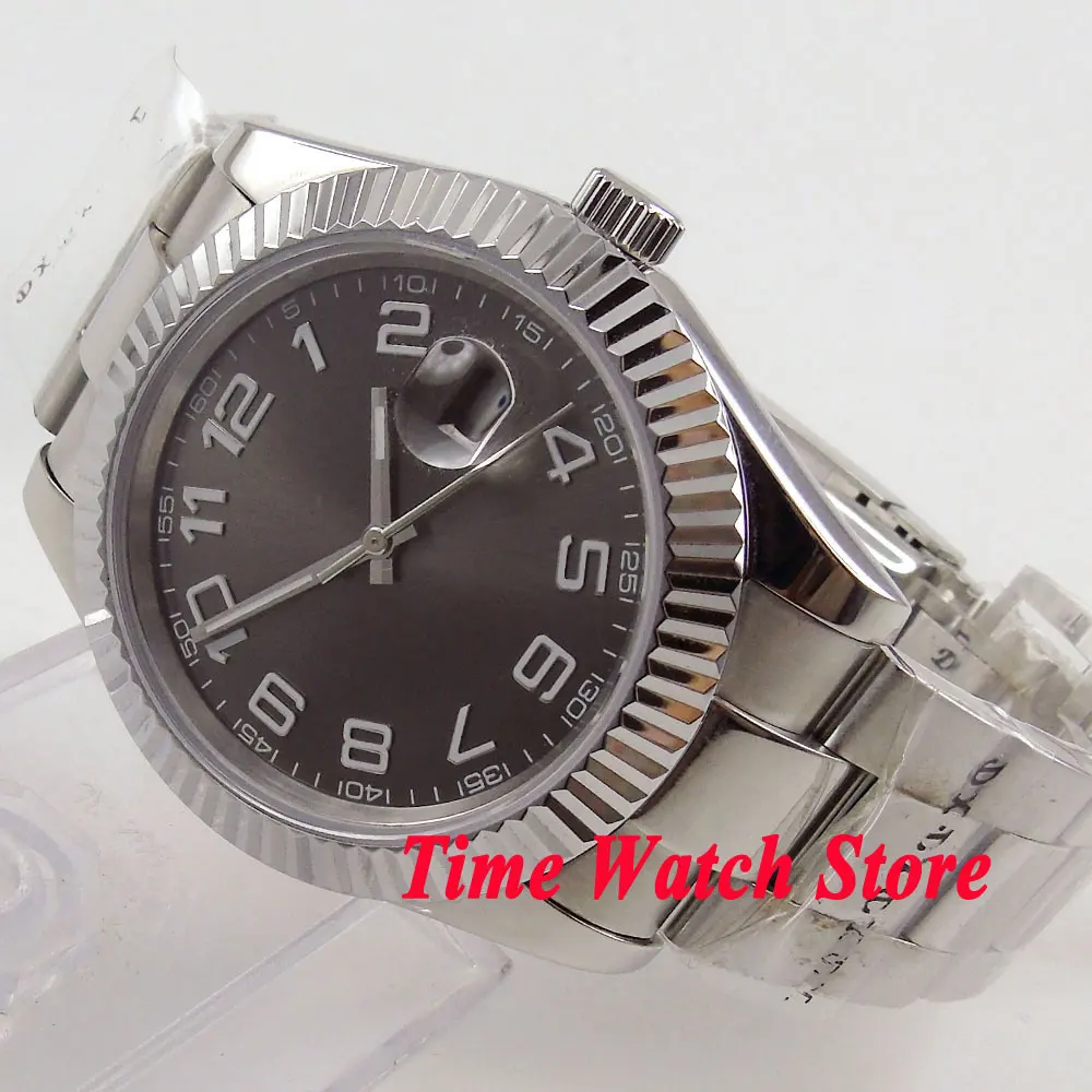 Parnis 40mm Grey dial magnifier date window sapphire glass Automatic