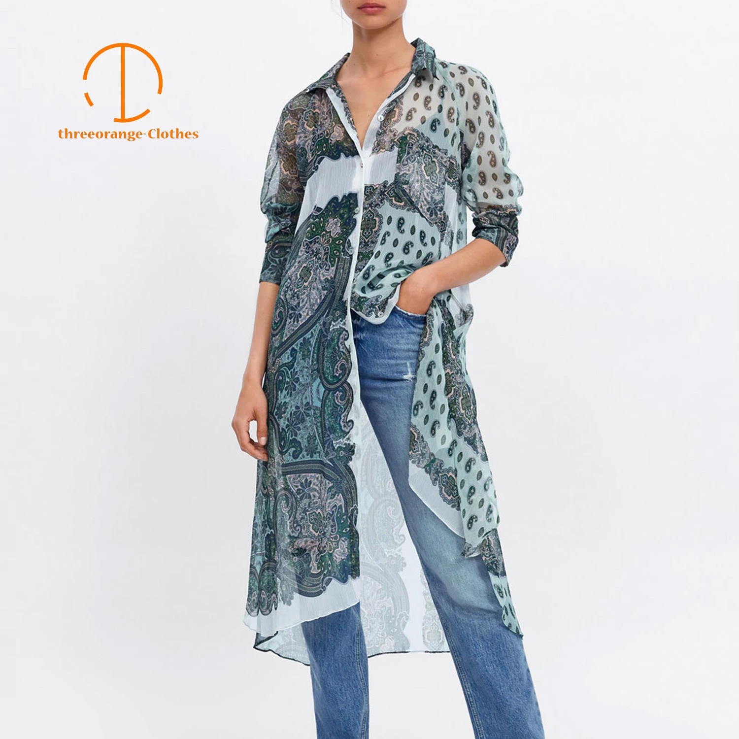 

Summer Chiffon long blouse shirt women Vintage pattern print see through tulle soft lightweight fabric Casual lady shirt blusas