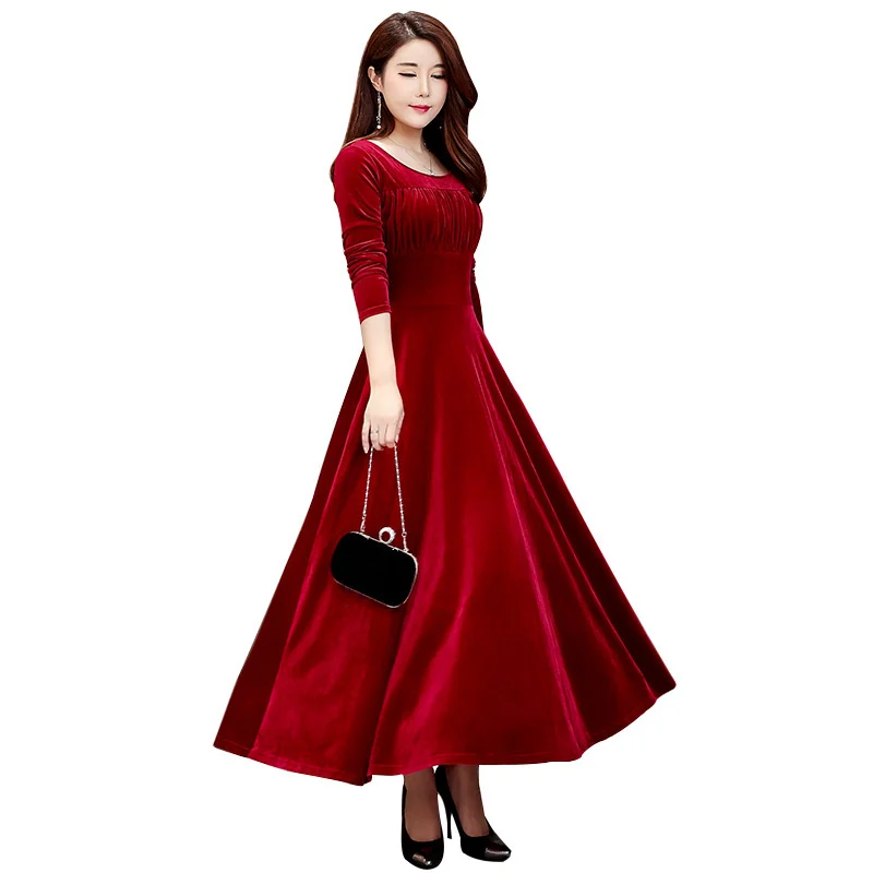 

Women Autumn Winter Dress Fashion Elegant Gold Velvet Dress Plus Size Woman Party Long Sleeve Dress Jurken Long Dresses C5013