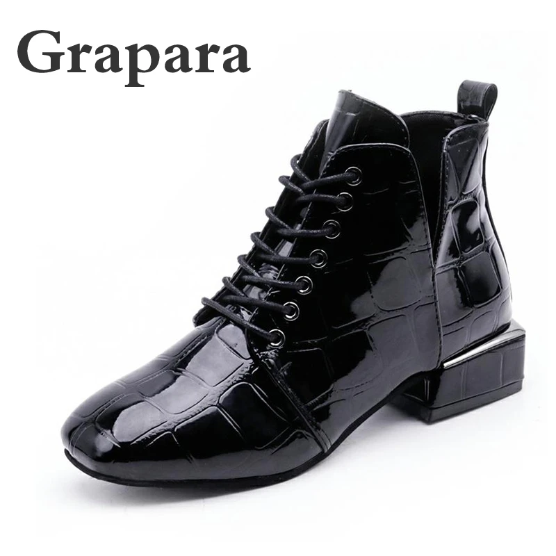 Goede Grapara Nieuwe Enkellaars Vrouwen Schoenen Vrouw Wees Teen Effen Zwart Leer Vrouwen Laarzen Mode Lace Up Winter Laarzen Botas mujer