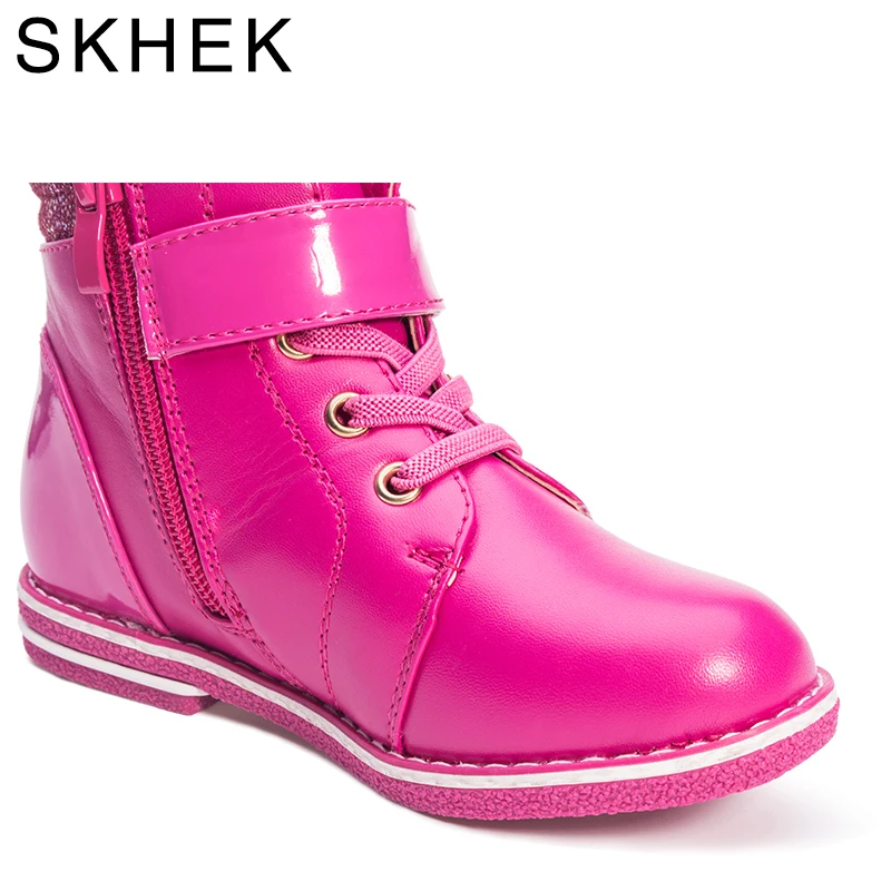 SKHEK/Новые осенне-зимние детские ботинки; модные водонепроницаемые ботинки из искусственной кожи для девочек; От 4 до 8 лет на плоской подошве; детские зимние ботинки; Теплая обувь для девочек