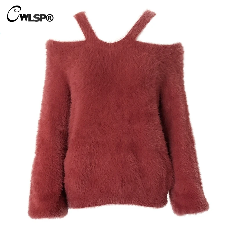 CWLSP 2018 Autumn Winter Solid Knitted Furry Sweater For Women Off Shoulder Long Sleeve Pullovers Female Sweaters Clothes QZ3062