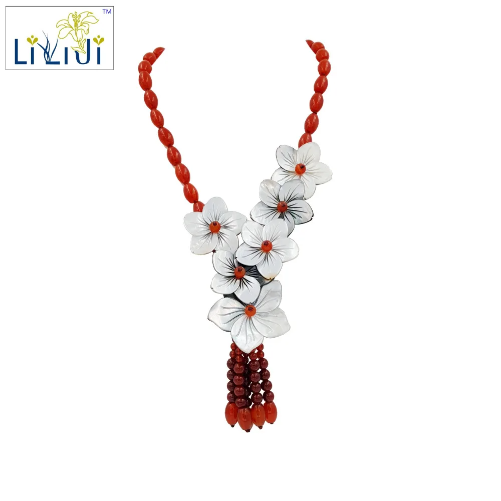 

Lii Ji Natural Red Agate, Shell Flowers with Jade Toggle Clasp Necklace Fashion Women Jewelry
