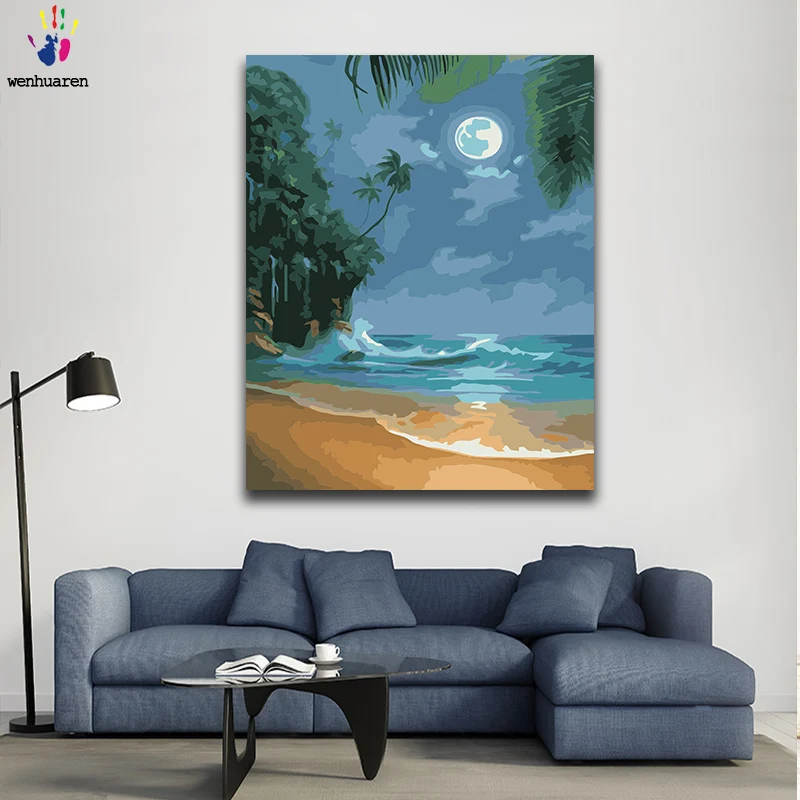

Diy paint by numbers picture painting by numbers with kits The Moon by the Sea Quiet harmony Decorative hanging painting gift