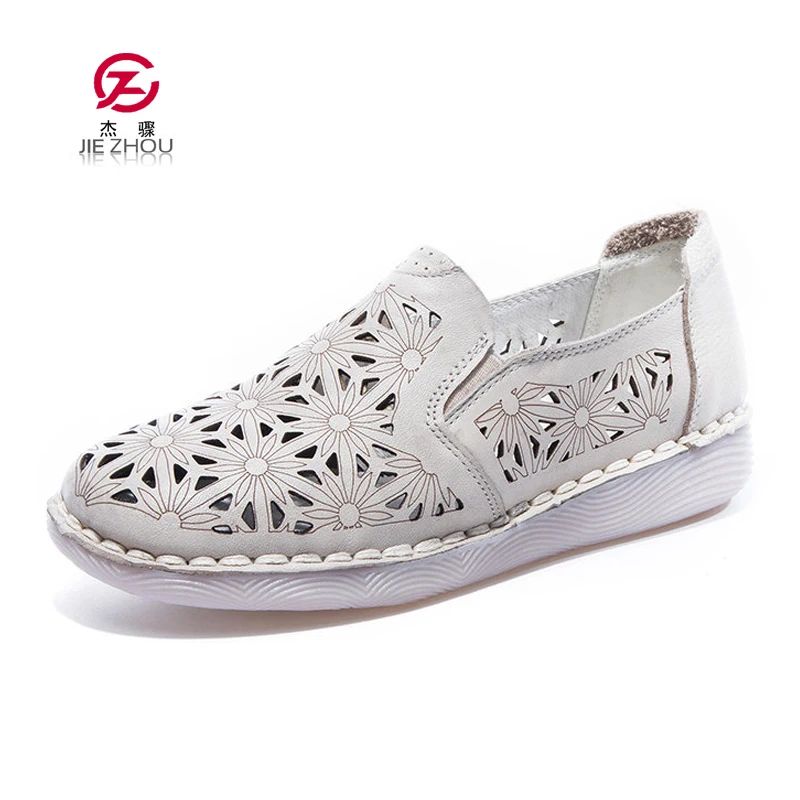 

Breathable Cut-Outs Summer Shoes Woman Comfortable Casual Shoes Fashion Genuine Leather Loafers Women Flats