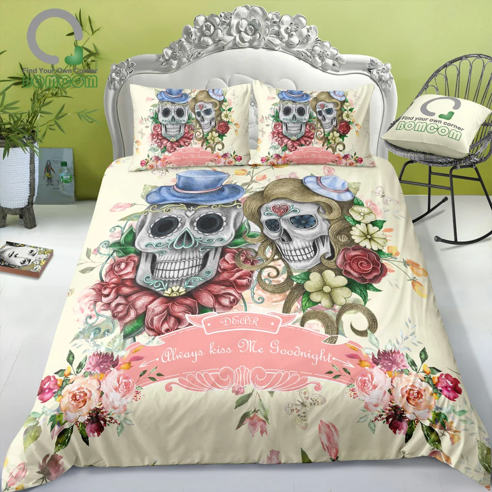 

BOMCOM 3D Digital Printing Duvet cover set skull couple lady gentleman flower Bedding Set 100% Microfiber