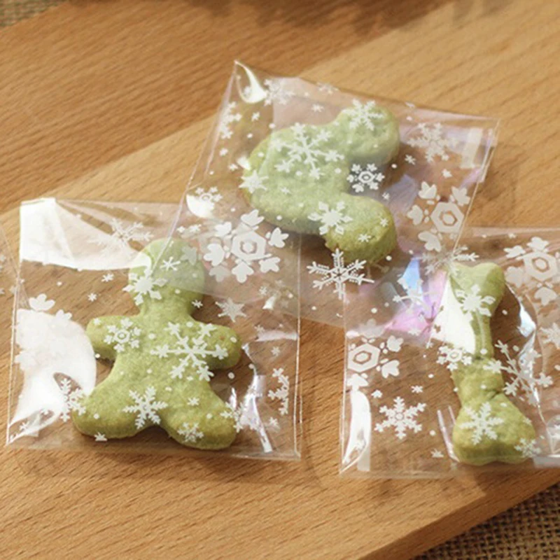 

50 Pcs Christmas Snowflake Cookie&Candy Bag Self-Adhesive Plastic Bags For Biscuits Snack Baking Package Party Supplies