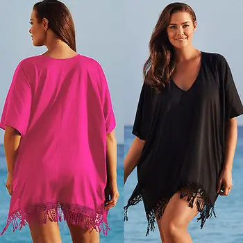 

Plus Size Women Sexy V-Neck Bathing Suit Crochet Bikini Swimwear Tassel Cover Up Beach Smock Cloth Shirts