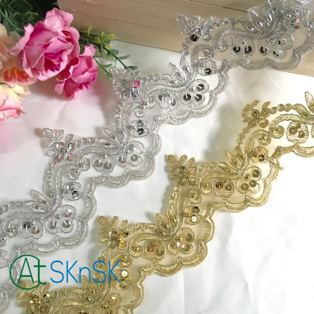 

High quality wholesale 5yard/lot Exquisite bride wedding dress lace trim decoration 10cm wide silver gold sequined lace ribbons