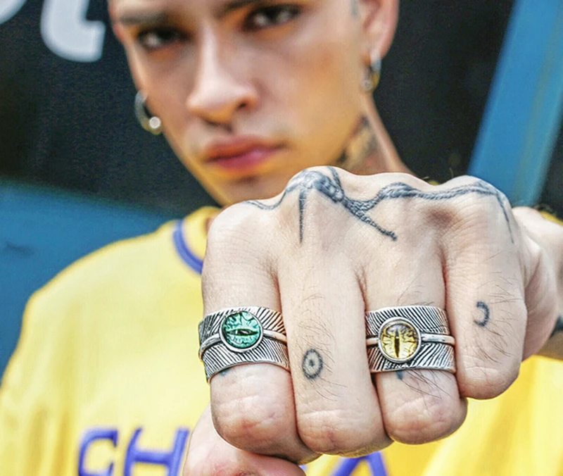 Qevila Fashion Punk Rings Five Color Alloy Vintage Gothic Evil Eye Rock Rings Hiphop Adjustable Rings for Women Men Jewelry Gift (3)