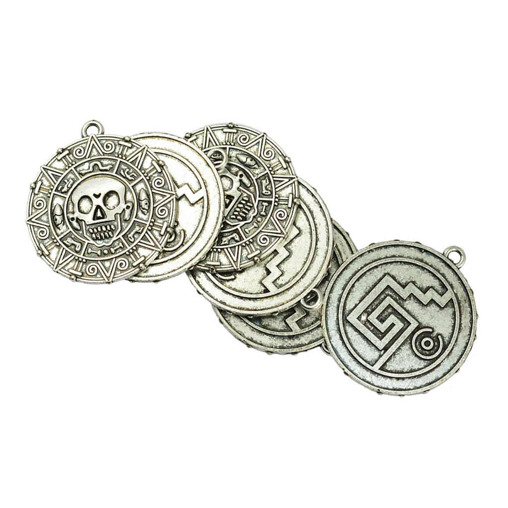 6 Pieces Caribbean Movies Cursed Aztec Coin Medallion Skull Necklace Pendant DIY Jewelry Making