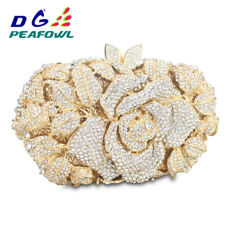 Luxury Hollow Out Crystal Floral Diamond Evening Clutch Bag Champagne Evening Bag Party Wedding Purse Soiree Pochette Purse