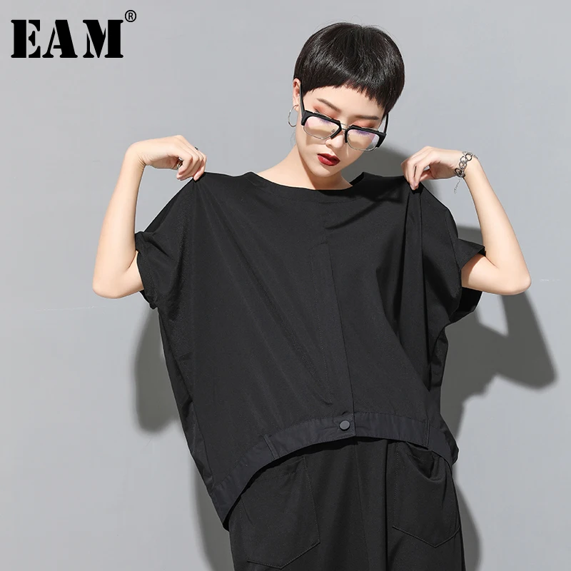 

[EAM] 2019 New Spring Summer Round Neck Three-quarter Batwing Sleeve Black Loose Big Size T-shirt Women Fashion Tide JX505