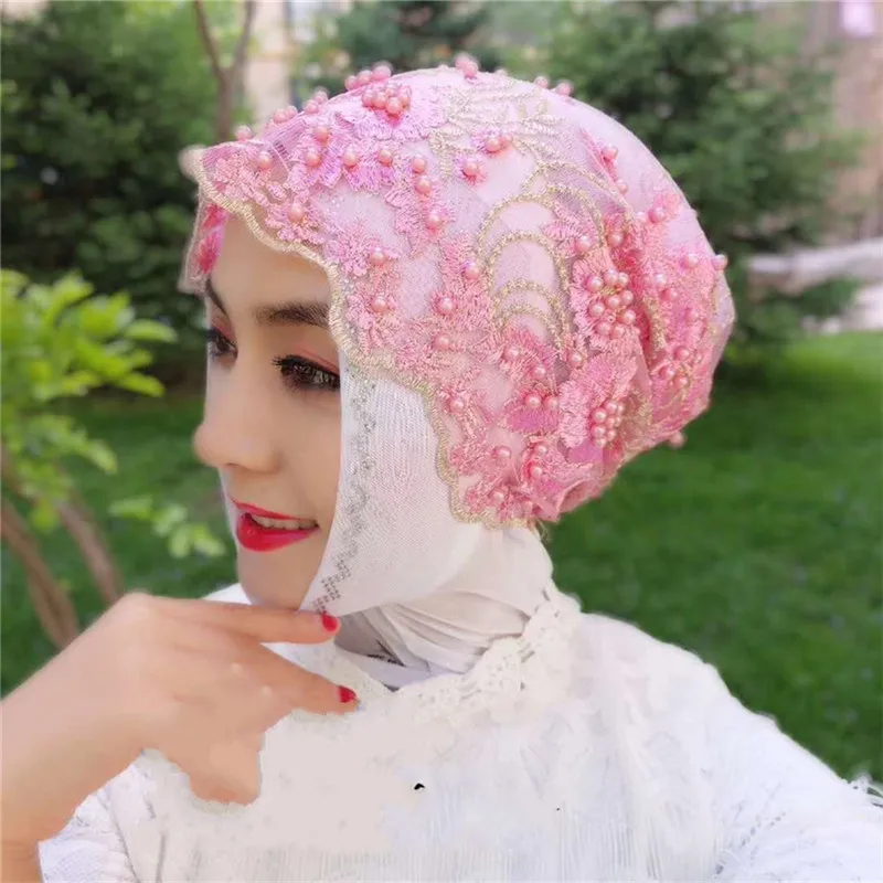 2PCS Muslim Beaded Flower Hijab Cap Arab Islamic Wedding Shawls Headscarf Turban 