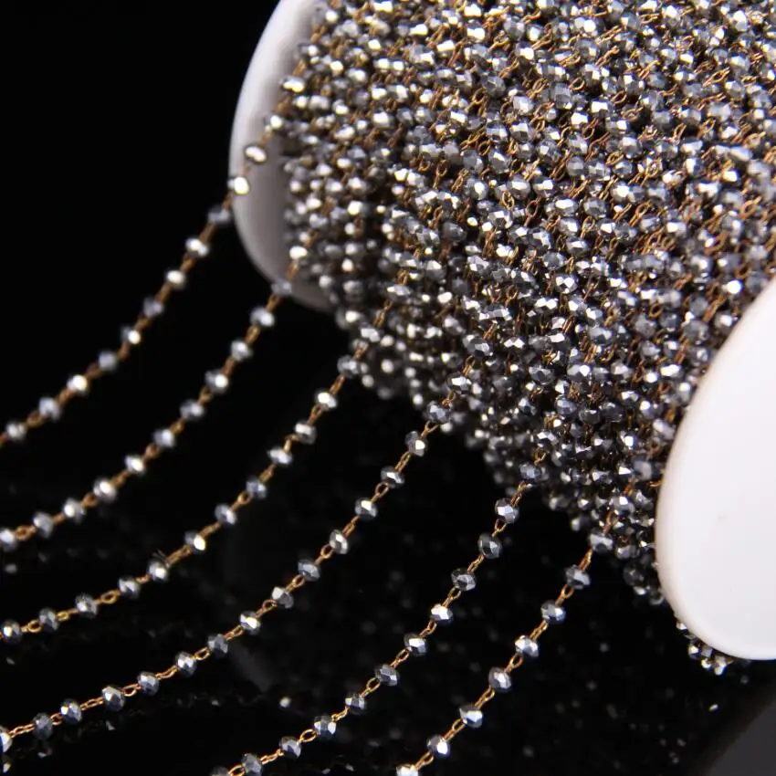 Серебряные стеклянные ограненные кружки розарийная цепь, 2x3 мм бисер из стеклянных кристаллов звено латунная проволока обернутая цепь, DIY Женское Ожерелье Браслеты