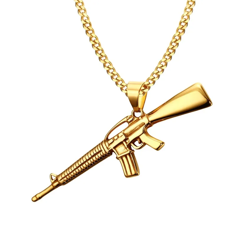 Мужское ожерелье s золотого цвета, AK-47, Штурмовое ружье, винтовка со льдом, ожерелье с подвеской из нержавеющей стали, хип-хоп, велосипед, военные ювелирные изделия