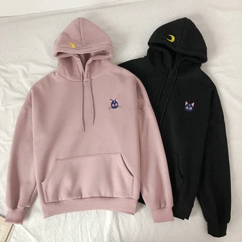 

Harajuku Hoodie Women Moon Cat Embroidery Kawaii Sweatshirt Long Sleeve Loose Sweet Cute Hooded Pullovers Pink Black Autumn 2019