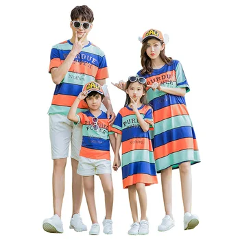 

2019 Summer Family Dress Mother and Daughter Matching Clothes Striped T Shirt Girl Daughter Outfits Dresses father Son Outfits