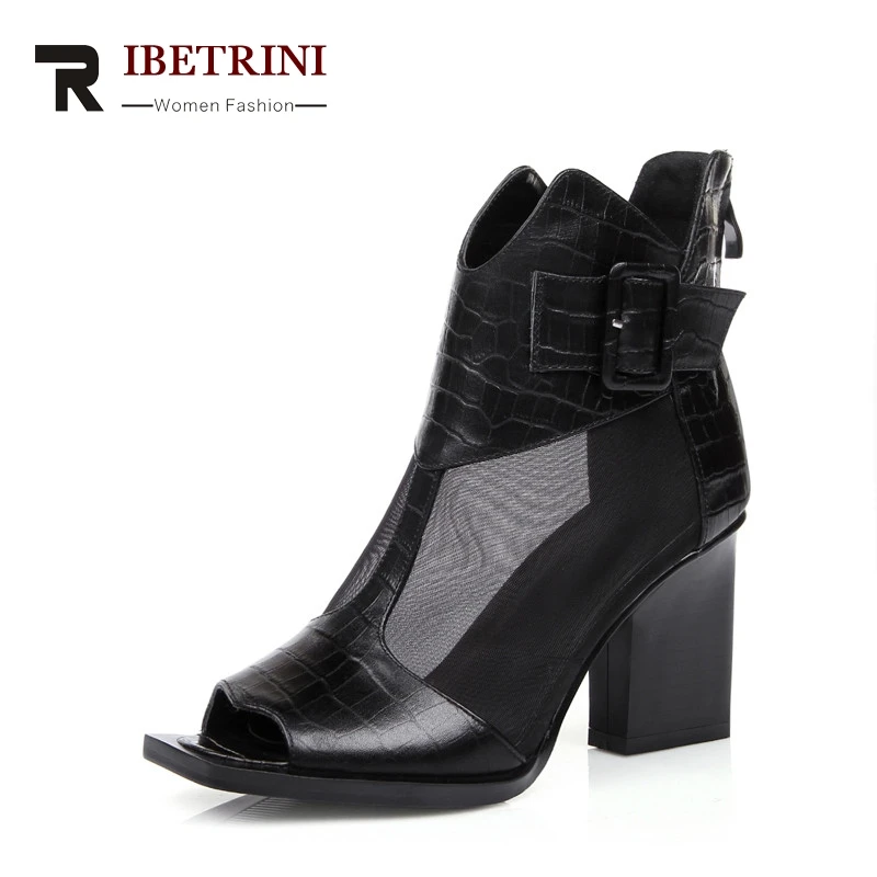 

RIBETRINI Brand Design Genuine Leather Square High Heels Solid Zip Top Quality Shoes Woman Casual Spring Boots Big Size 31-44