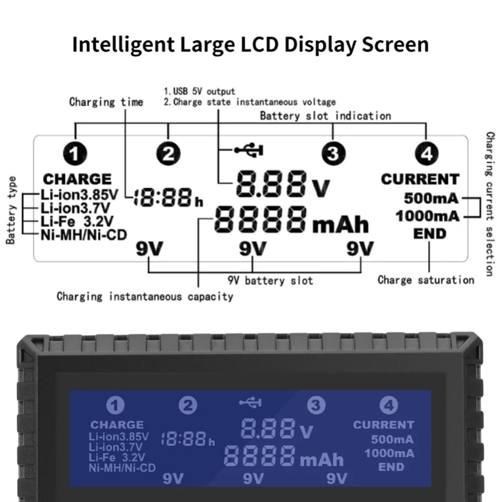 Многофункциональное зарядное устройство 4 слота Li-fe Ni-MH Ni-CD Смарт зарядное устройство для AA/AAA/18650/26650/6F22/16340/9 V батареи