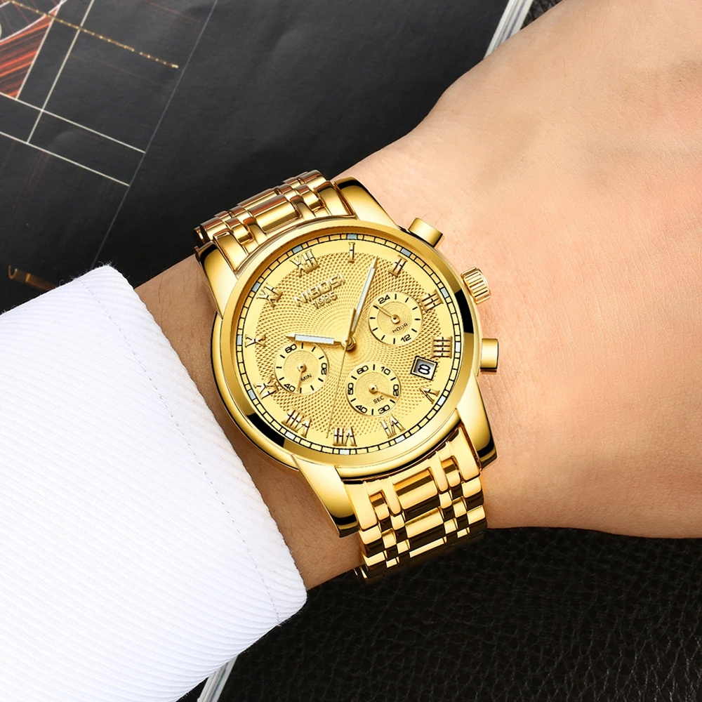  NIBOSI Relogio Masculino Luxury Brand Mens Watches Auto Date Chronograph Quartz Watch Men Gold Casu